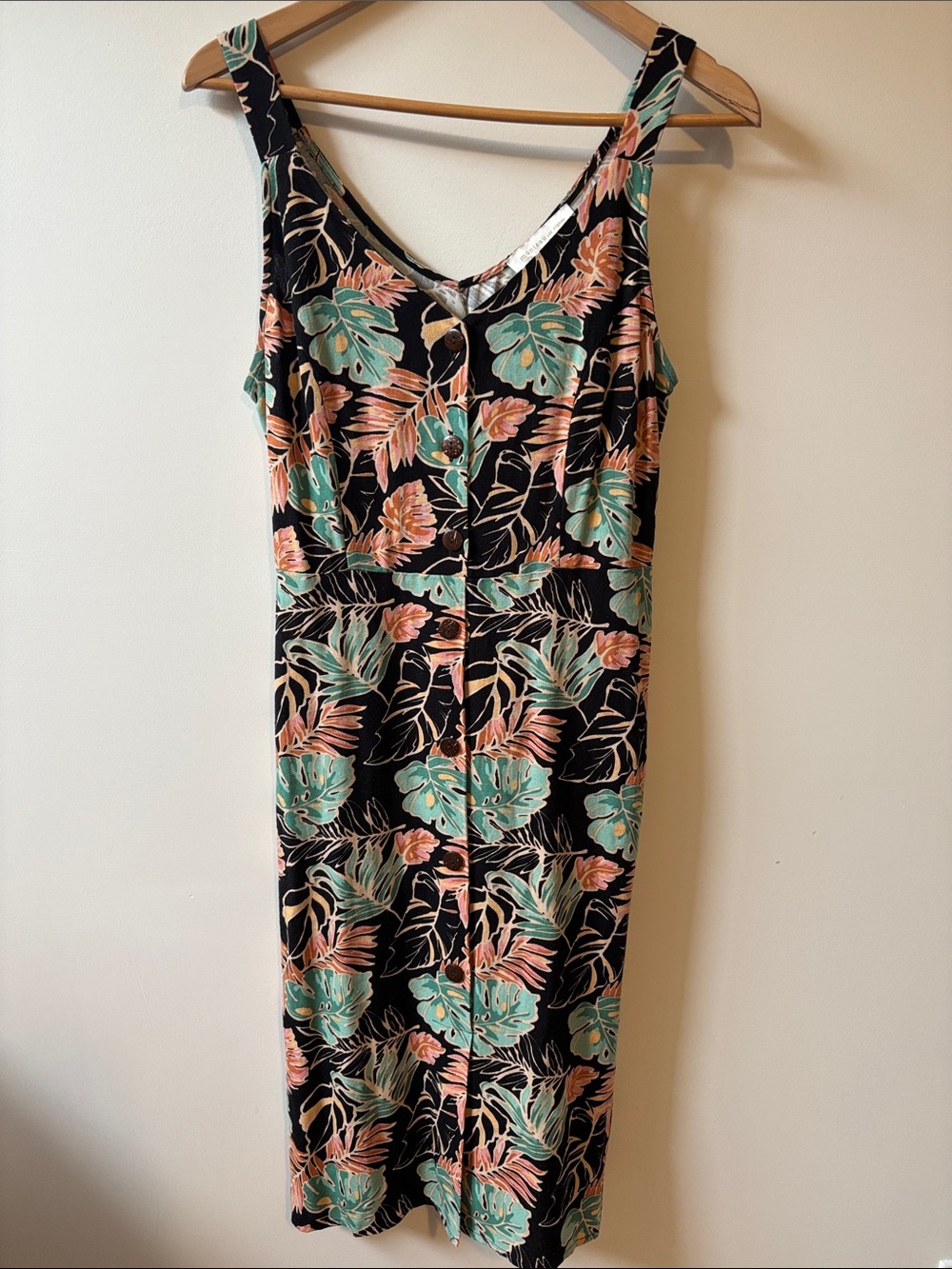 Monteau Black Midi Dress with Teal and Coral Tropical Print